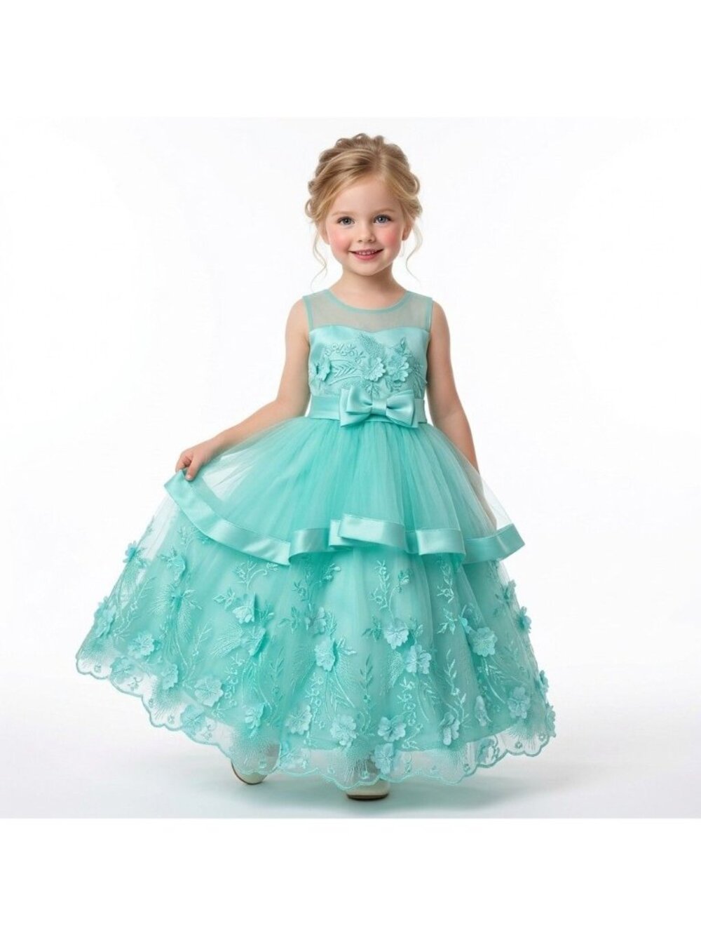 Girls Princess Party Dress Aqua Blue Floral Embroidered Tulle Birthday Party